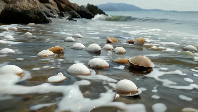 nature-focused crystal-clear 4K stock footage captures white dry shells of bivalve mollusks Lentidium that have been violently thrown up onto the shore during a storm at Kuyalnik Estuary creating a