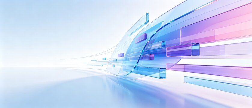 Futuristic transparent glass technology waves with blue and purple geometric data streams, idea for digital innovation, communication, speed and technology banner