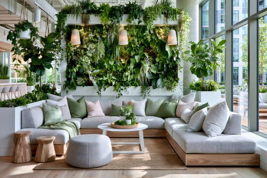 Modern office lounge with living wall design and comfortable seating