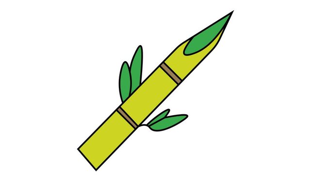 The video presents a 2D vector graphic animation of a sharpened bamboo stalk set against a solid white background.