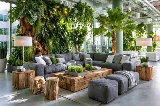 Modern lounge area featuring biophilic design and living green wall