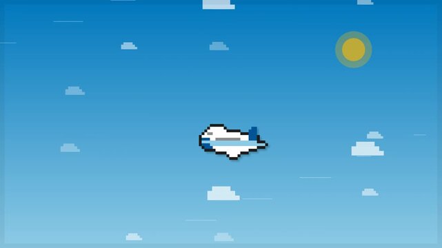 Pixel Art Airplane Flying in a Blue Sky with Clouds Animation