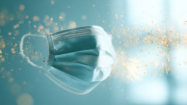 Light Blue Surgical Mask Suspended Air Golden Particle Scatter Medical Protection Concept