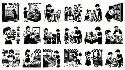 Obraz premium Children's Jobs Activities Black and White Line Art Vector Set