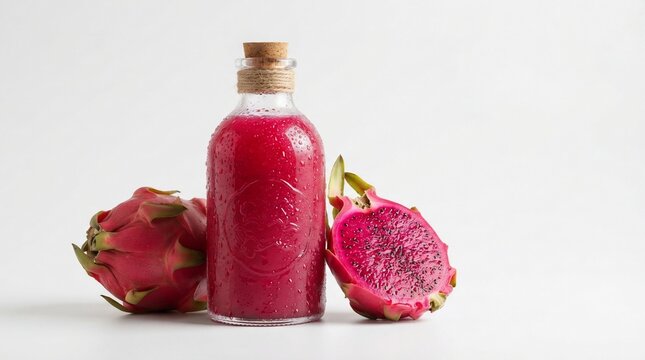 Dragon fruit drink in glass bottle with fresh fruit slices