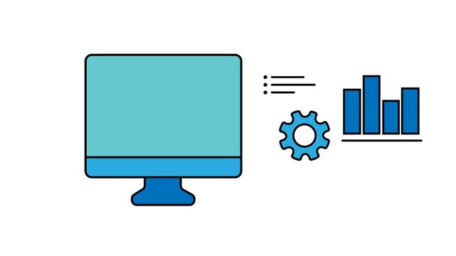 The video displays a 2D vector graphic animation featuring digital technology and analytics icons against a plain white background.