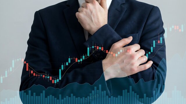 Business professional contemplating financial market trends during a thoughtful moment with stock charts in soft lighting