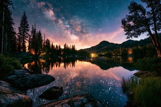 Milky way galaxy reflecting over mountain lake at night