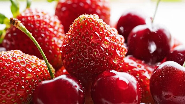 Water pouring over fresh ripe strawberry and cherry in close up. Wash process of red berry and fruit. Healthy food concept with organic ingredient for harvest.