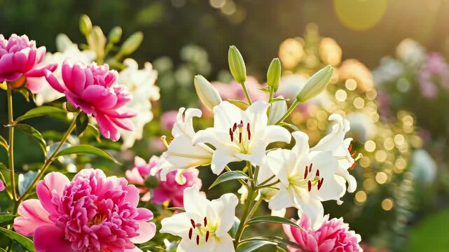 Beautiful pink peonies and white lilies blooming in sunny garden. Lush floral landscape with colorful flowers in summer nature. Botany and gardening background.