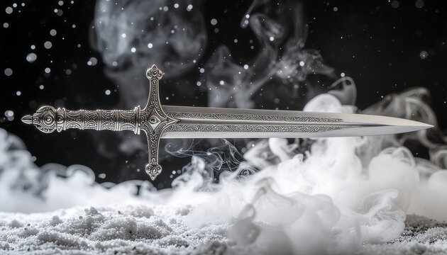 Ornate silver fantasy dagger floating in swirling white mist and dramatic smoke