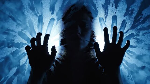 Woman pressing hands against a frosted wet glass surface. Silhouette of a trapped female silhouette behind fogged texture. Concept of emotional crisis or isolation.