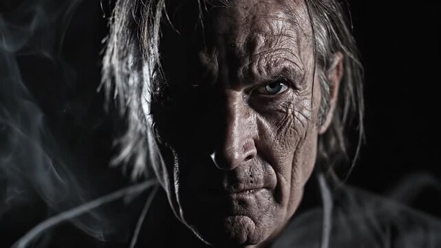 Senior man looking at smoke in dark room. Aged male person with dramatic lighting. Portrait of elder with wrinkles and piercing eyes, film noir mystery mood.