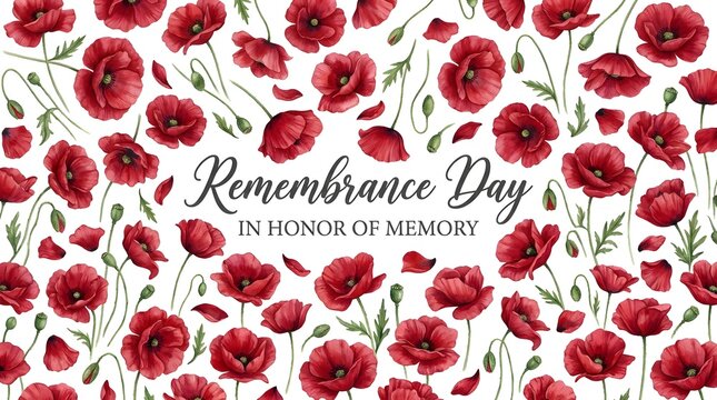A beautiful watercolor illustration featuring vibrant red poppy flowers arranged as a background pattern to honor the solemn remembrance day event