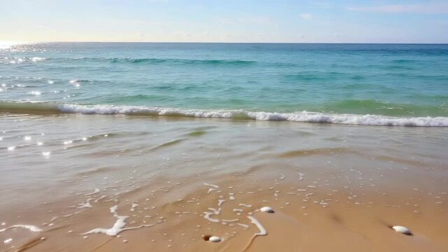 Gentle ocean waves rolling onto a sandy beach at sunrise. Tropical shoreline with incoming tide and sea foam. Nature landscape for travel and vacation concept.