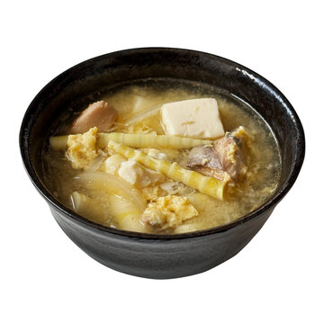 たけのこ汁 1杯の切り抜き。長野県の自家製郷土料理・手作りサバ缶入りみそ汁・家庭料理や春の味覚の食材デザイン素材