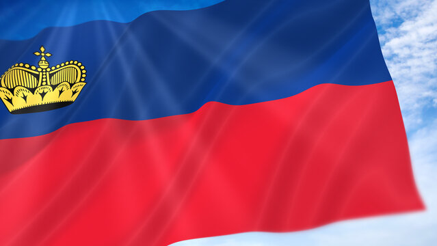 Liechtenstein Waving Flag on Blue Sky Background