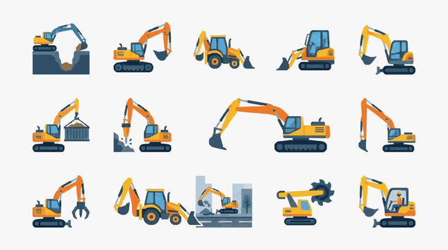 Minimalist Set of Colorful Construction Excavators and Heavy Machinery in Action with high quality professional line art symbols for modern creative design and digital branding projects