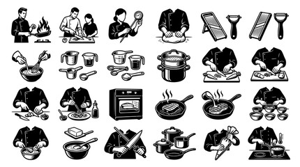 Fototapeta premium Culinary Cooking Icon Set: Black and White Vector Illustrations of Chef Actions, Kitchen Tools Food Prep