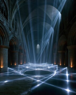 Cathedral interior with light art installation and beams