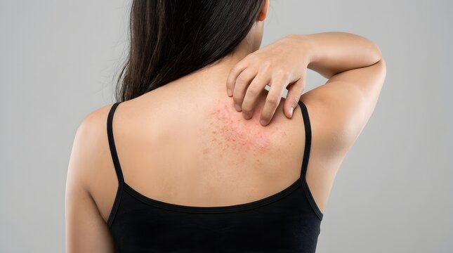 Woman scratching her itchy back with red skin irritation isolated on a plain grey background