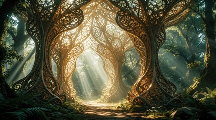 Fototapeta premium Ornate golden structure resembling trees forms gateway in sunlit forest. Light rays beam through intricate carvings. Path leads into mystical woodland.