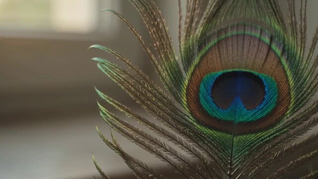 Detailed Peacock Feather Texture Revealing Natural Color and Quiet Spiritual Beauty Through Cinematic Light