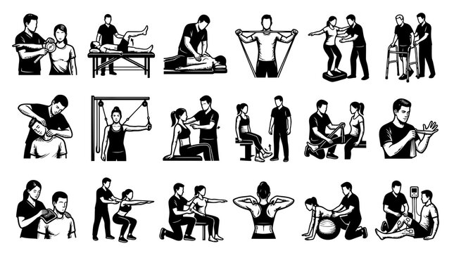 Physical Therapy and Rehabilitation Exercises Icon Set. Black and White Vector Illustrations for Healthcare.
