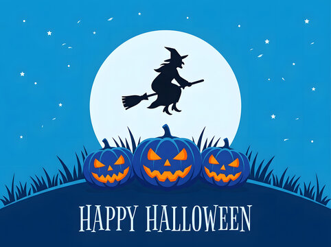 Halloween witch flying on broomstick with jack-o-lantern pumpkins against full moon background