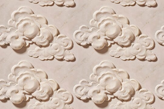 Seamless pattern featuring repeating sculpted plaster cloud reliefs on a textured beige background, soft shadows, architectural molding style