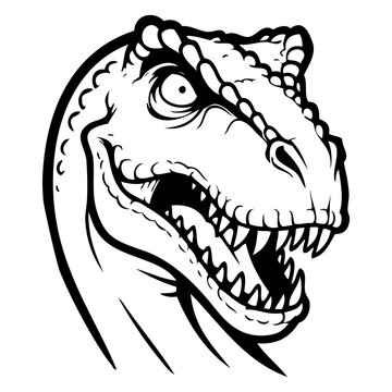 Logotipo animal jur&aacute;sico. Icono con dibujo sencillo con l&iacute;neas de la cabeza de un dinosaurio depredador tipo Tyrannosaurus rex, con la boca abierta visto de perfil 