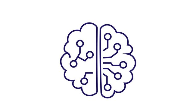 The video displays a 2D line-art animation featuring a dark blue human brain icon with circuit board pattern details set against a plain white background.