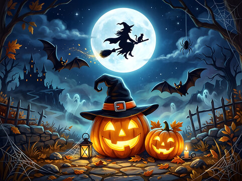 Halloween pumpkin jack-o-lanterns with witch flying on broomstick under full moon night