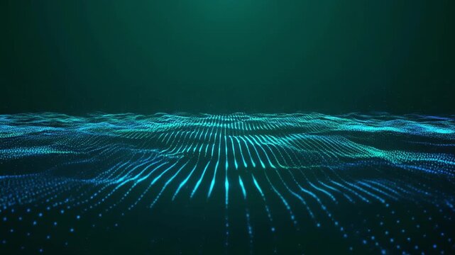 Abstract digital ocean waves with glowing particles during a deep sea exploration