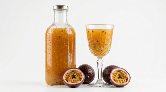 Tropical fruit beverage and fresh fruits on white background