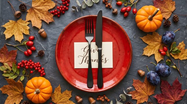 This is a flatlay photograph of a Thanksgiving table setting with a red plate, silverware, pumpkins, and autumn leaves on