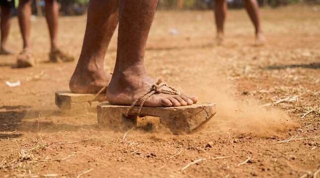 Close-up of feet running in traditional wooden sandals kaki anggrong