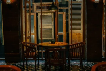Fotobehang Horeca Rustic brick wall restaurant interior background, cafe and dining concept  © Olivia
