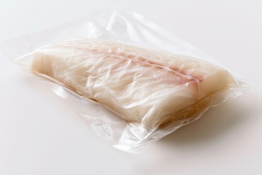 Raw white fish fillet is sealed inside a transparent vacuum plastic bag pouch. Fresh frozen seafood piece packaged for long term storage or grocery retail delivery. Clean studio background. Keto, PP