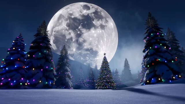Decorated Christmas trees in snowy forest under giant full moon
