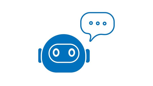 The video displays a 2D flat-style animation featuring a blue robot head accompanied by a speech bubble against a plain white background.