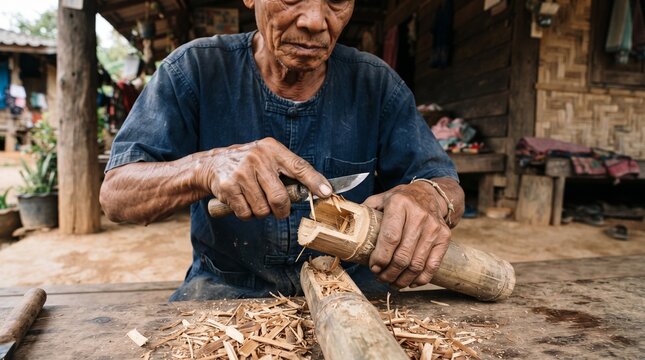 Elderly woodworker carving intricate design into traditional wooden craft