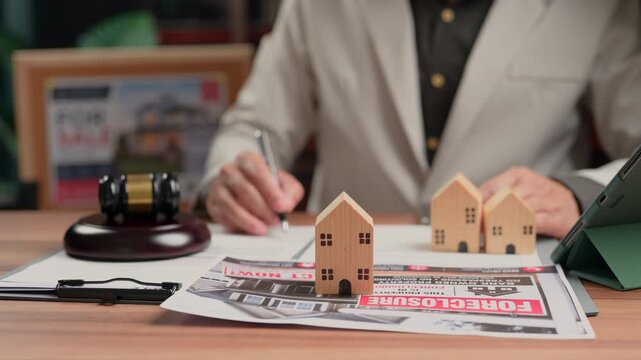 Man executing real estate loan contract holding pen sitting wood desk showing toy house model gavel foreclosure paper corporate room business deal legal document signing session taking place.
