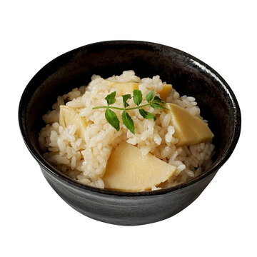 たけのこご飯 1杯の切り抜き。春の味覚・自家製の手作り炊き込みご飯・和食の家庭料理やメニュー用フードデザイン素材
