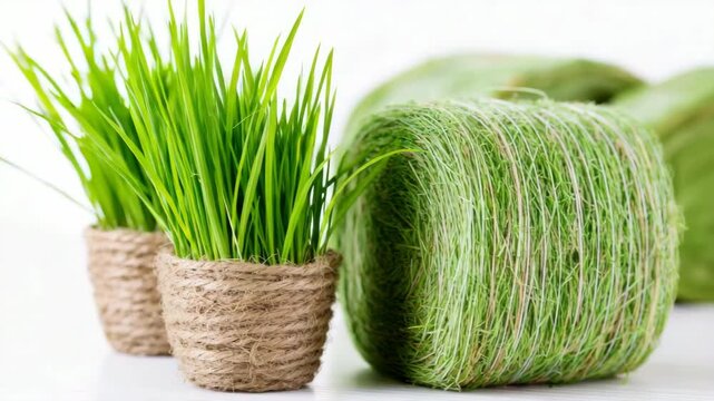 Tracking shot of potted grass passing by roll of green twine on white tabletop in studio closeup