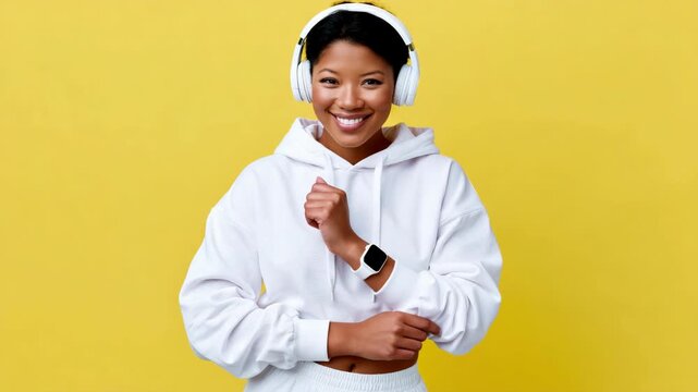 Slow zoom tracking shot of young woman wearing headphones smiling and dancing against yellow studio background