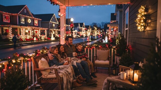 Family sitting on cozy porch watching neighborhood decorated with christmas