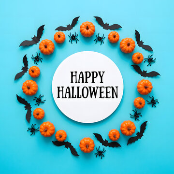 Happy Halloween greeting card with pumpkins, bats and spiders on blue background