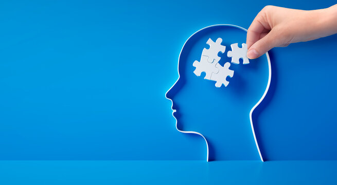 Conceptual artwork showing a 3D silhouette of a head with puzzle pieces, a hand holding one puzzlepiece, symbolizing mental activity, intelligence, or creativity - 3D illustration on blue background	
