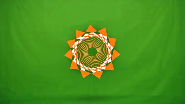 Abstract floral mandala pattern rotating slowly on a green textured background